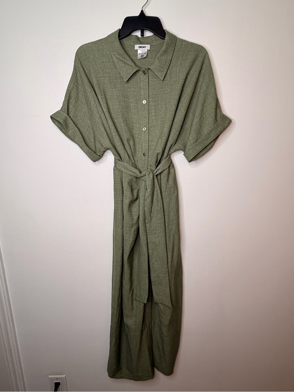 DKNY Olive Green Maxi Shirt Dress with Tie Waist